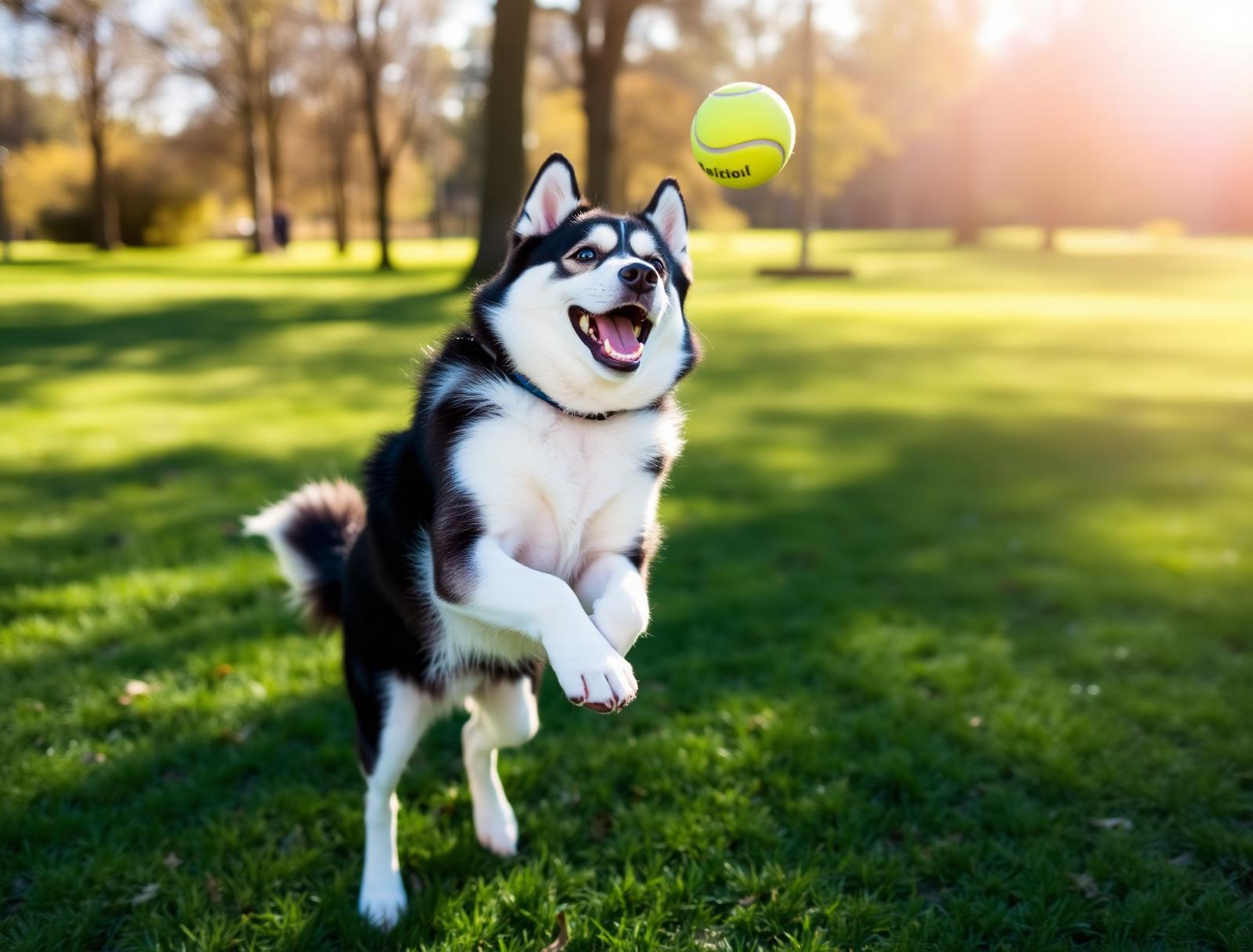 Joyful husky leaping for a tennis ball